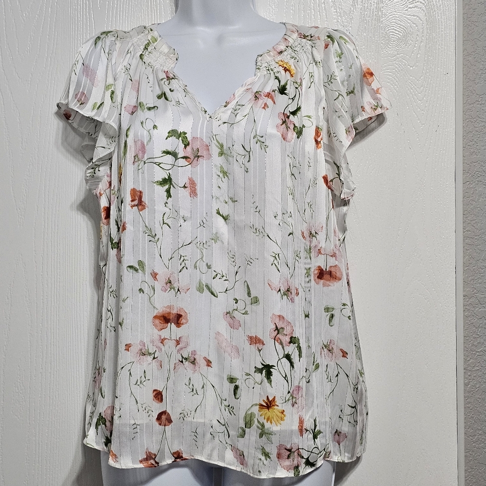 Joie Women's White and Pink Floral Blouse Size S